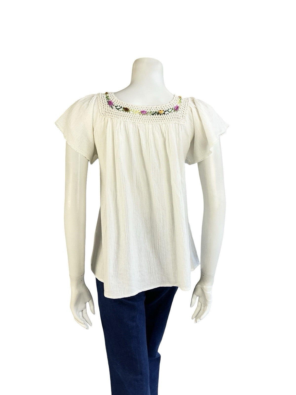VTG 60S 70S BOHO FOLK CREAM NATURAL COTTON PINK GREEN CROCHETED FLORAL BLOUSE 14