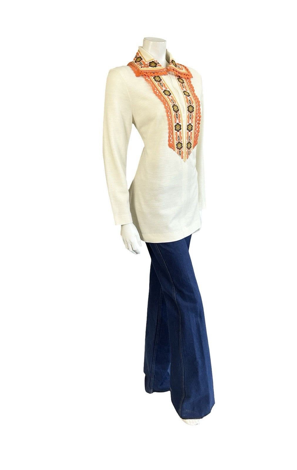 VTG 60S 70S CREAM ORANGE YELLOW BROWN HIPPY FOLK FLORAL ZIP UP TUNIC SHIRT 14
