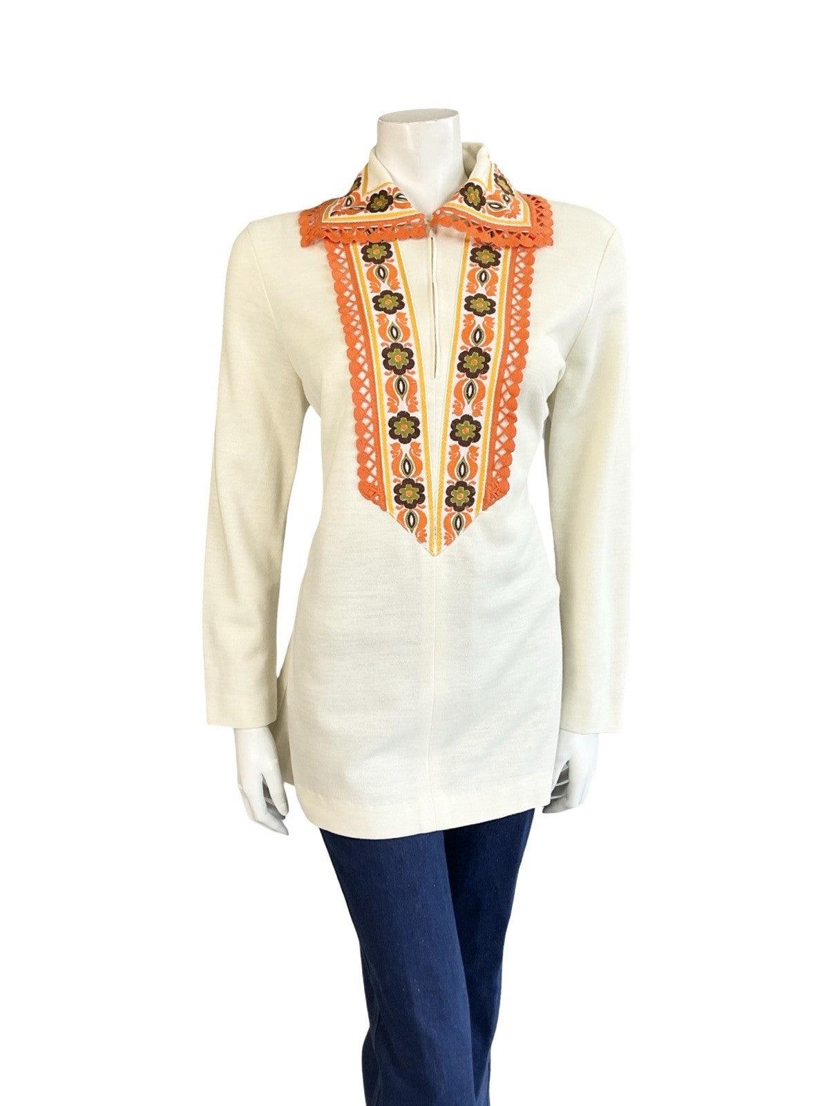 VTG 60S 70S CREAM ORANGE YELLOW BROWN HIPPY FOLK FLORAL ZIP UP TUNIC SHIRT 14