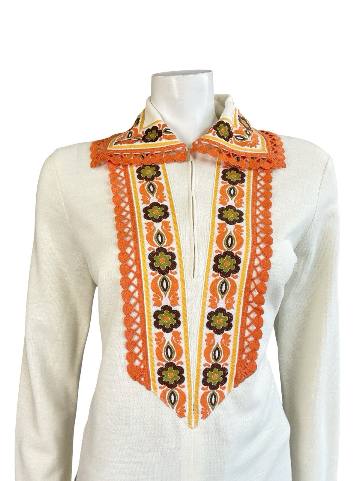 VTG 60S 70S CREAM ORANGE YELLOW BROWN HIPPY FOLK FLORAL ZIP UP TUNIC SHIRT 14