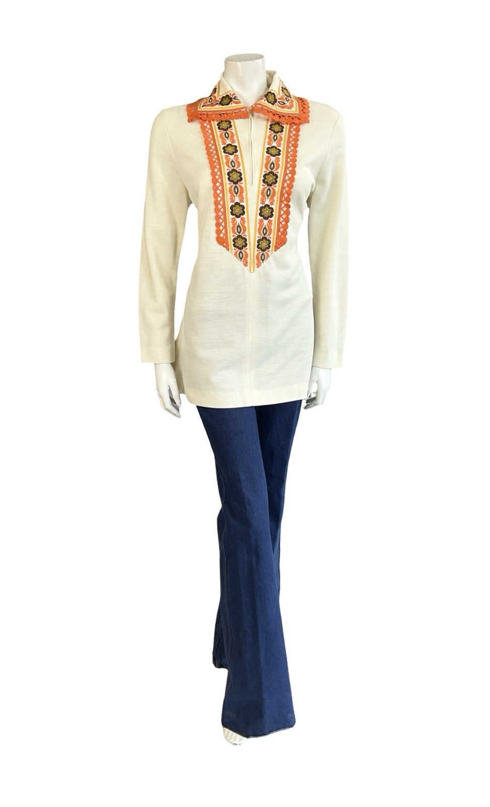 VTG 60S 70S CREAM ORANGE YELLOW BROWN HIPPY FOLK FLORAL ZIP UP TUNIC SHIRT 14