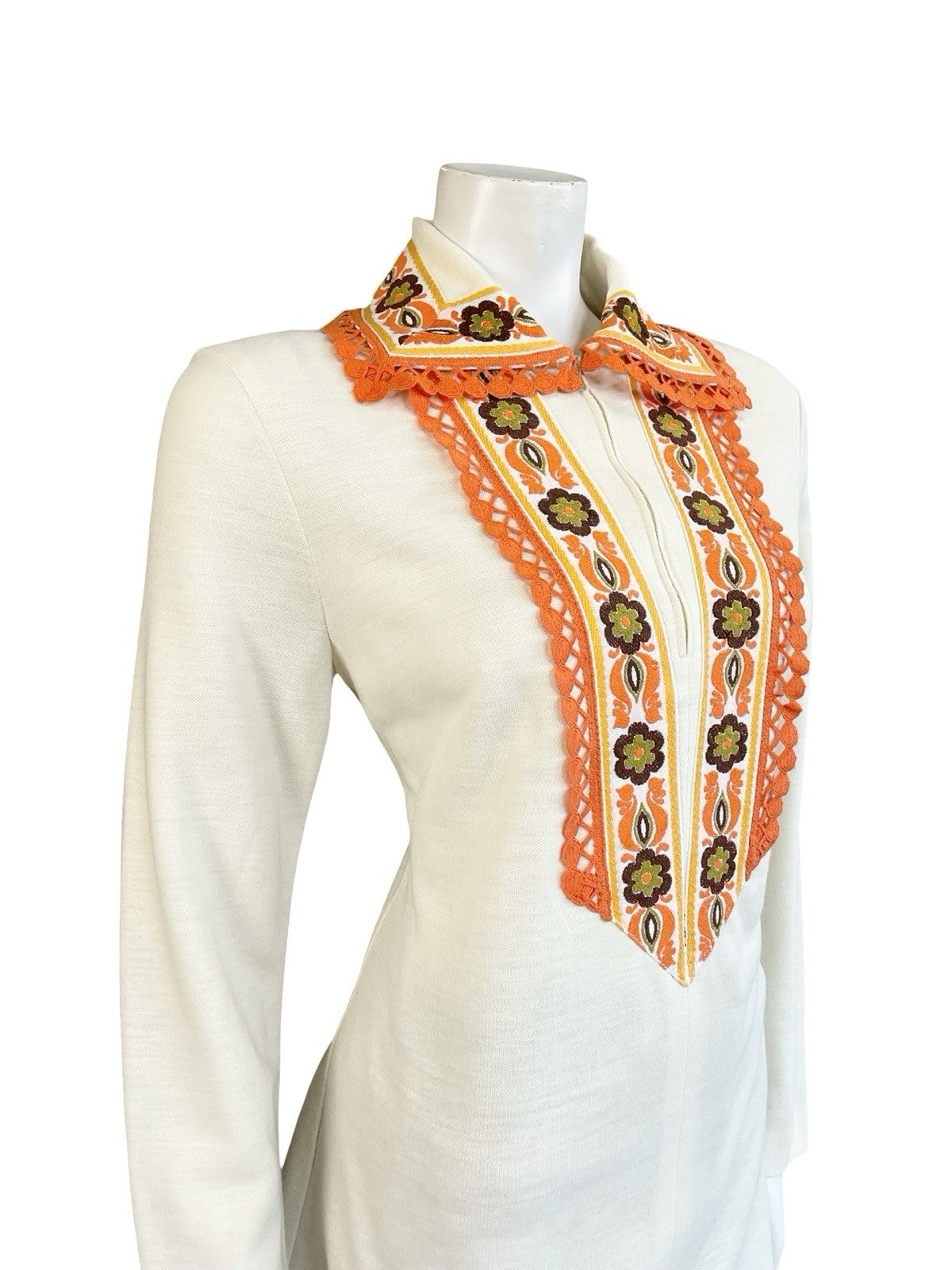 VTG 60S 70S CREAM ORANGE YELLOW BROWN HIPPY FOLK FLORAL ZIP UP TUNIC SHIRT 14