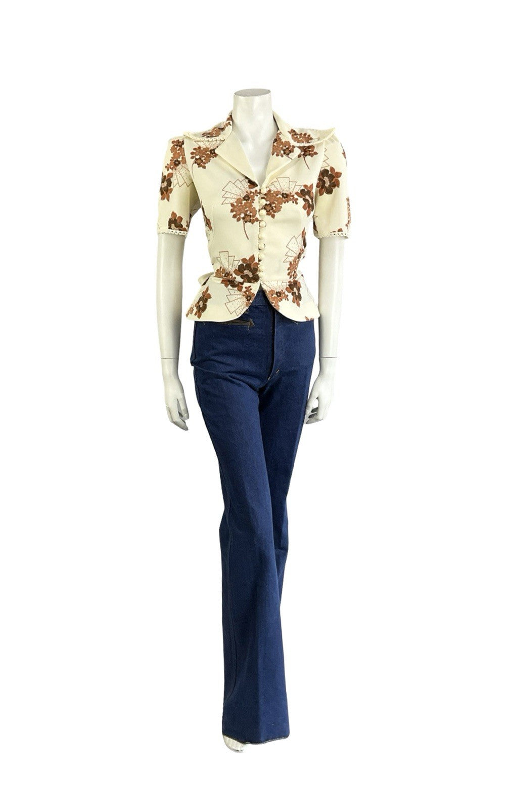 VTG 70S RICHARD SHOPS CREAM BROWN FLORAL ART DECO PEPLUM NOTCH LAPEL SHIRT 8