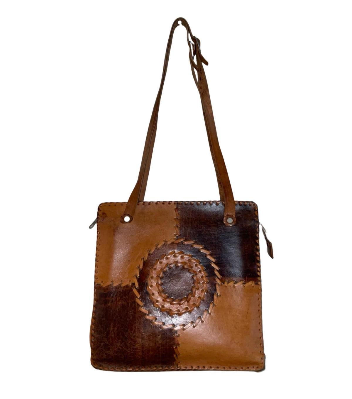 VTG 60S 70S TAN BROWN LEATHER MOD GEOMETRIC STITCHED LEOPARD SHOULDER BAG