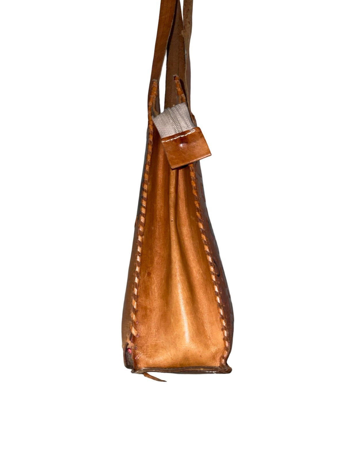 VTG 60S 70S TAN BROWN LEATHER MOD GEOMETRIC STITCHED LEOPARD SHOULDER BAG