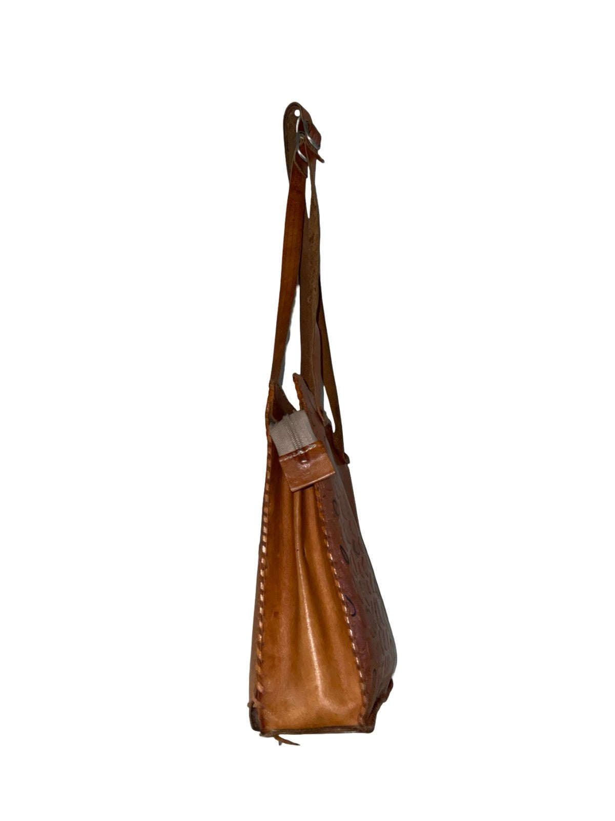 VTG 60S 70S TAN BROWN LEATHER MOD GEOMETRIC STITCHED LEOPARD SHOULDER BAG