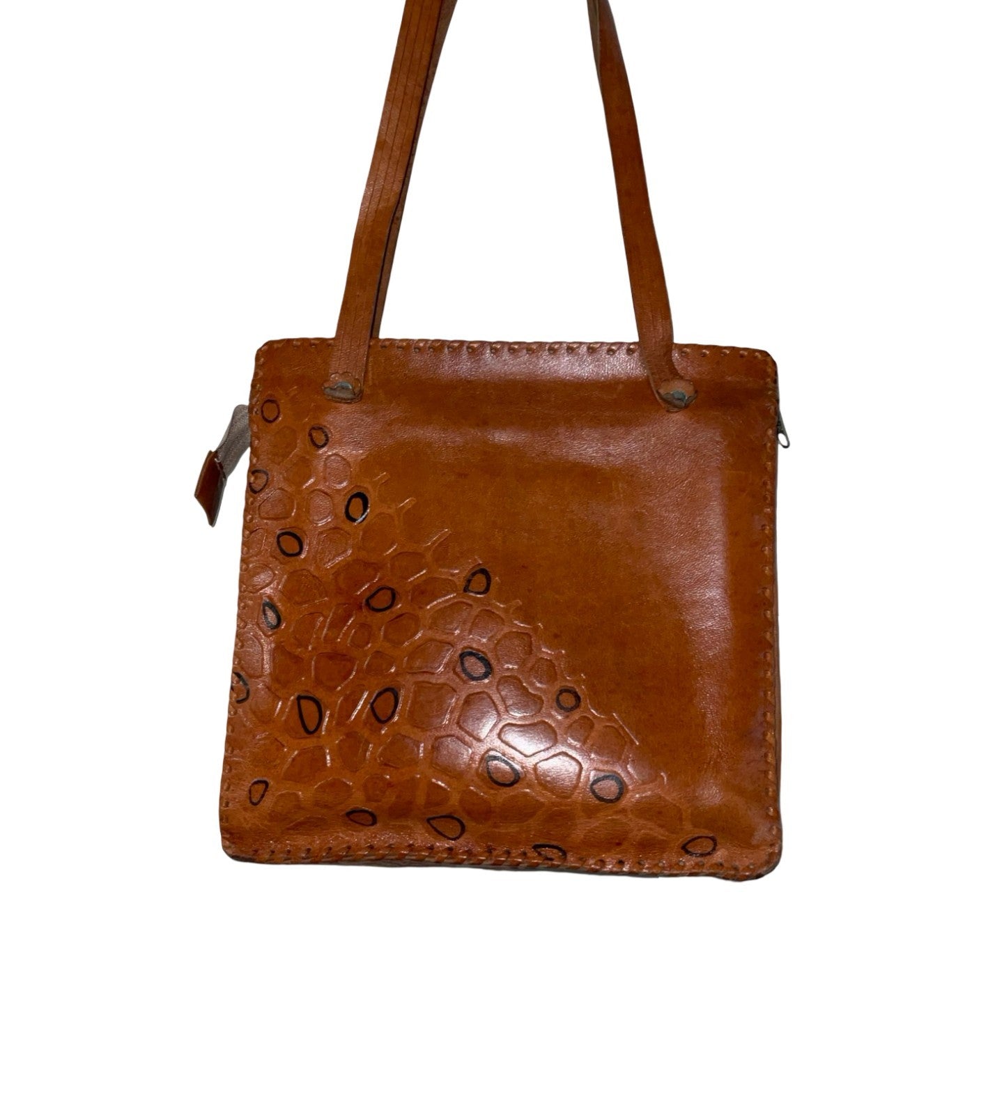 VTG 60S 70S TAN BROWN LEATHER MOD GEOMETRIC STITCHED LEOPARD SHOULDER BAG