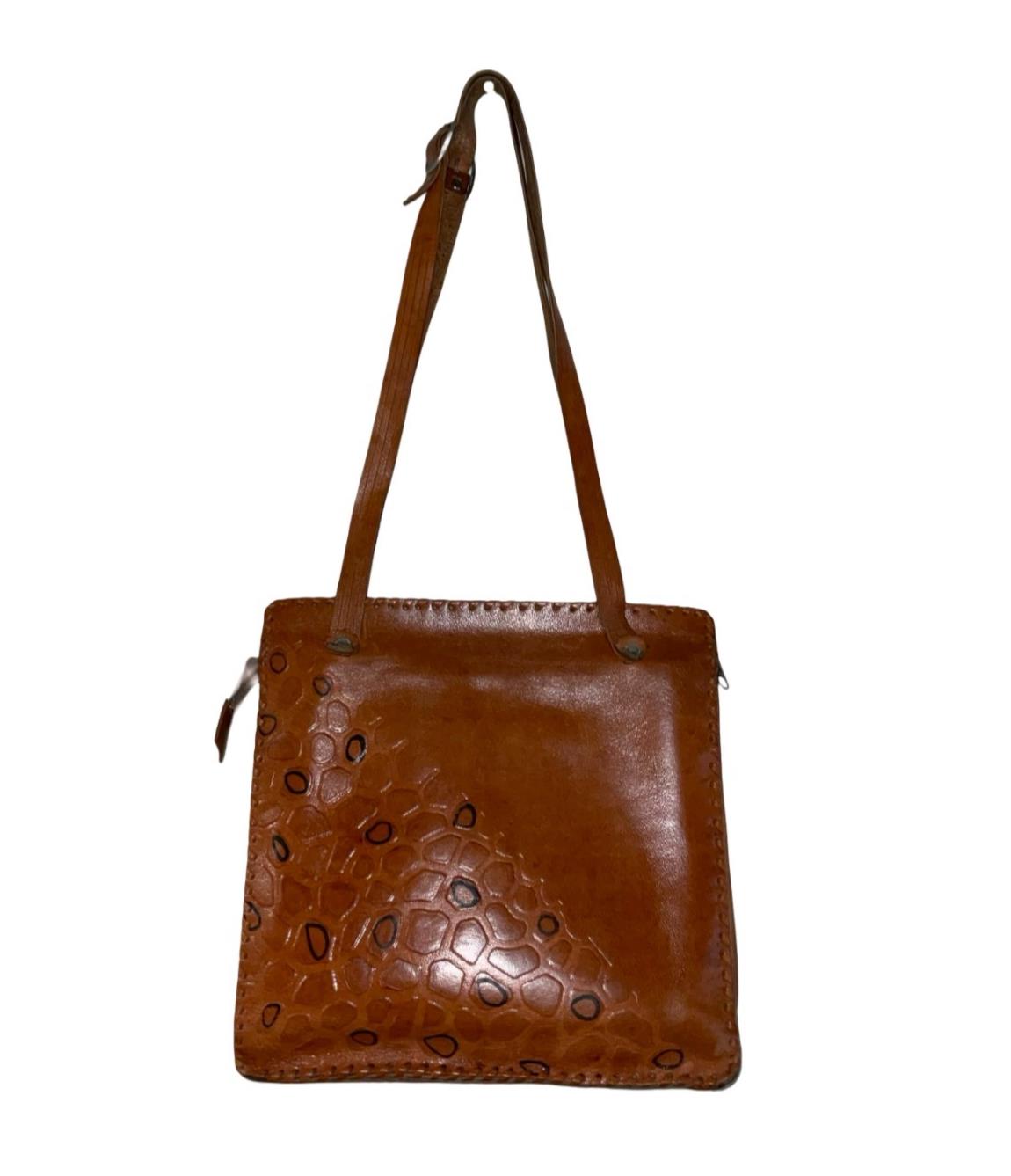 VTG 60S 70S TAN BROWN LEATHER MOD GEOMETRIC STITCHED LEOPARD SHOULDER BAG