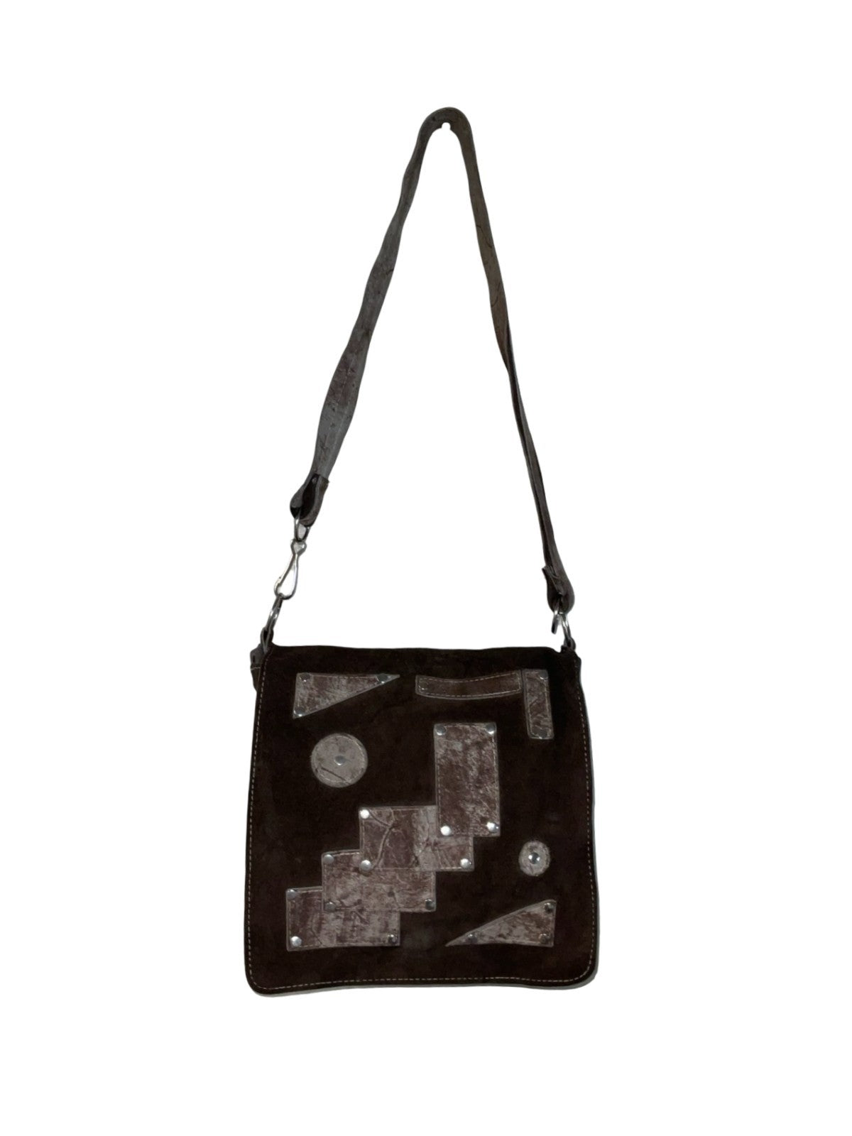 VTG 70S 80S BROWN BEIGE GEOMETRIC SILVER STUDDED SUEDE NEW WAVE SHOULDER BAG