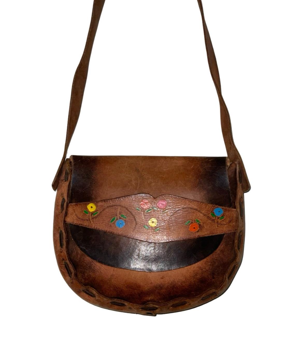 VTG 60S 70S BROWN FLORAL FOLK BOHO HAND PAINTED STITCHED SHOULDER BAG