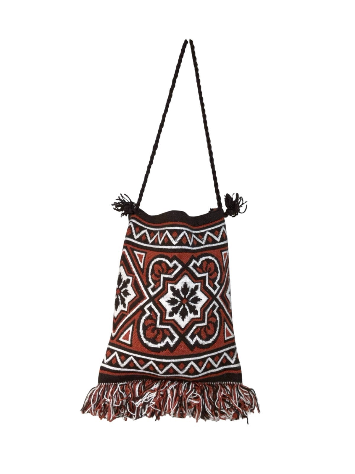 VTG 70S HIPPY TAPESTRY GEOMETRIC BROWN RED WHITE KNITTED TOTE SHOPPER BAG
