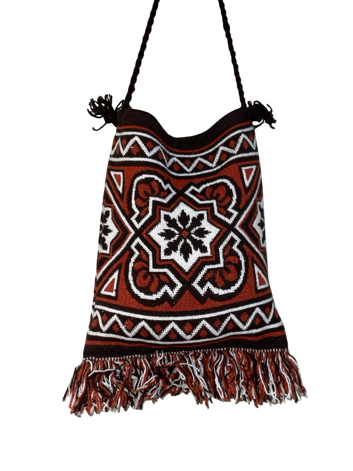 VTG 70S HIPPY TAPESTRY GEOMETRIC BROWN RED WHITE KNITTED TOTE SHOPPER BAG