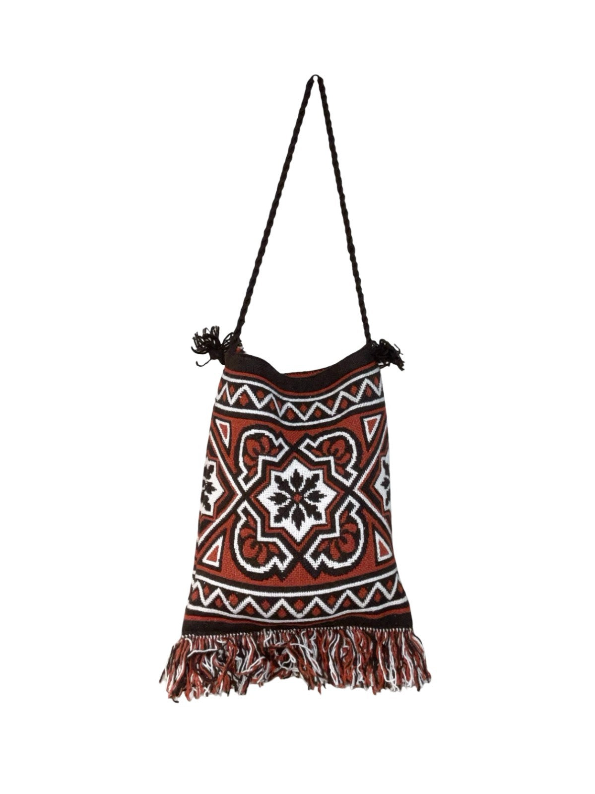 VTG 70S HIPPY TAPESTRY GEOMETRIC BROWN RED WHITE KNITTED TOTE SHOPPER BAG