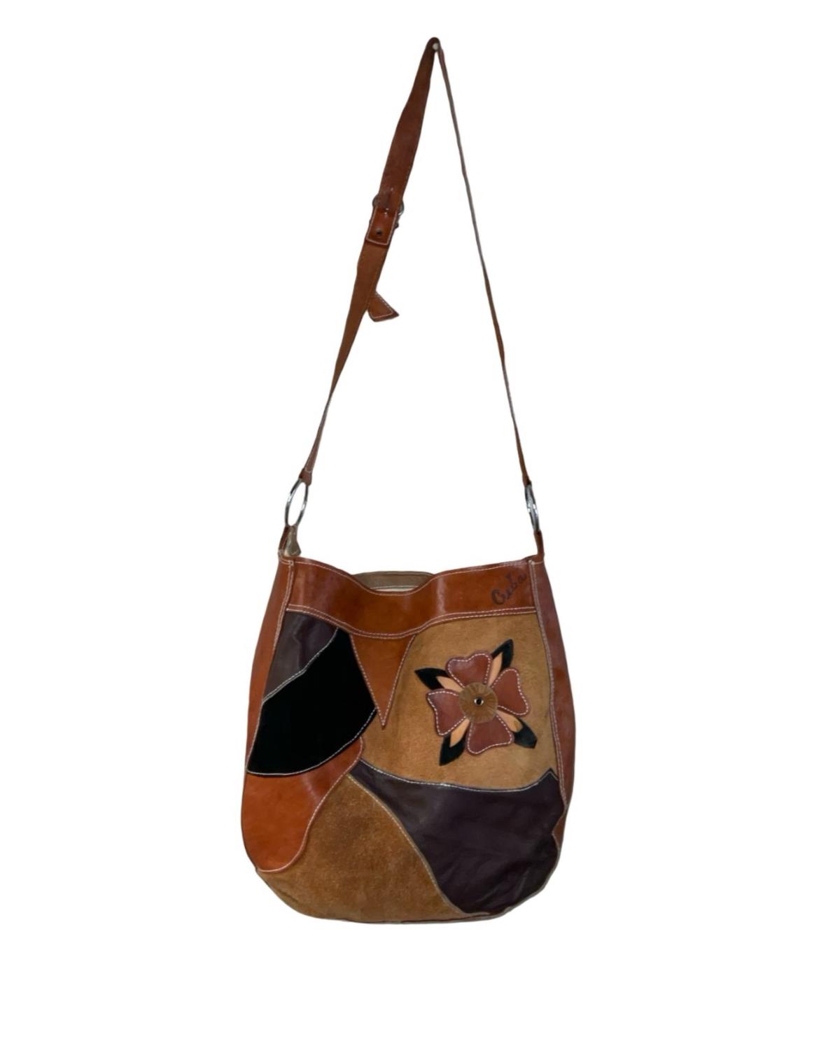 VTG 70S BROWN TAN BLACK SUEDE LEATHER PATCHWORK FLOWER CUBA CROSS BODY BAG