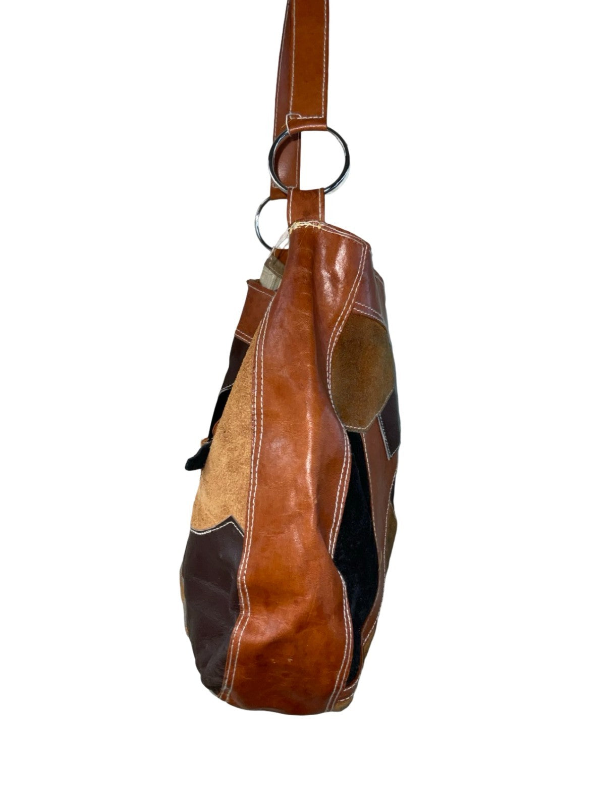 VTG 70S BROWN TAN BLACK SUEDE LEATHER PATCHWORK FLOWER CUBA CROSS BODY BAG