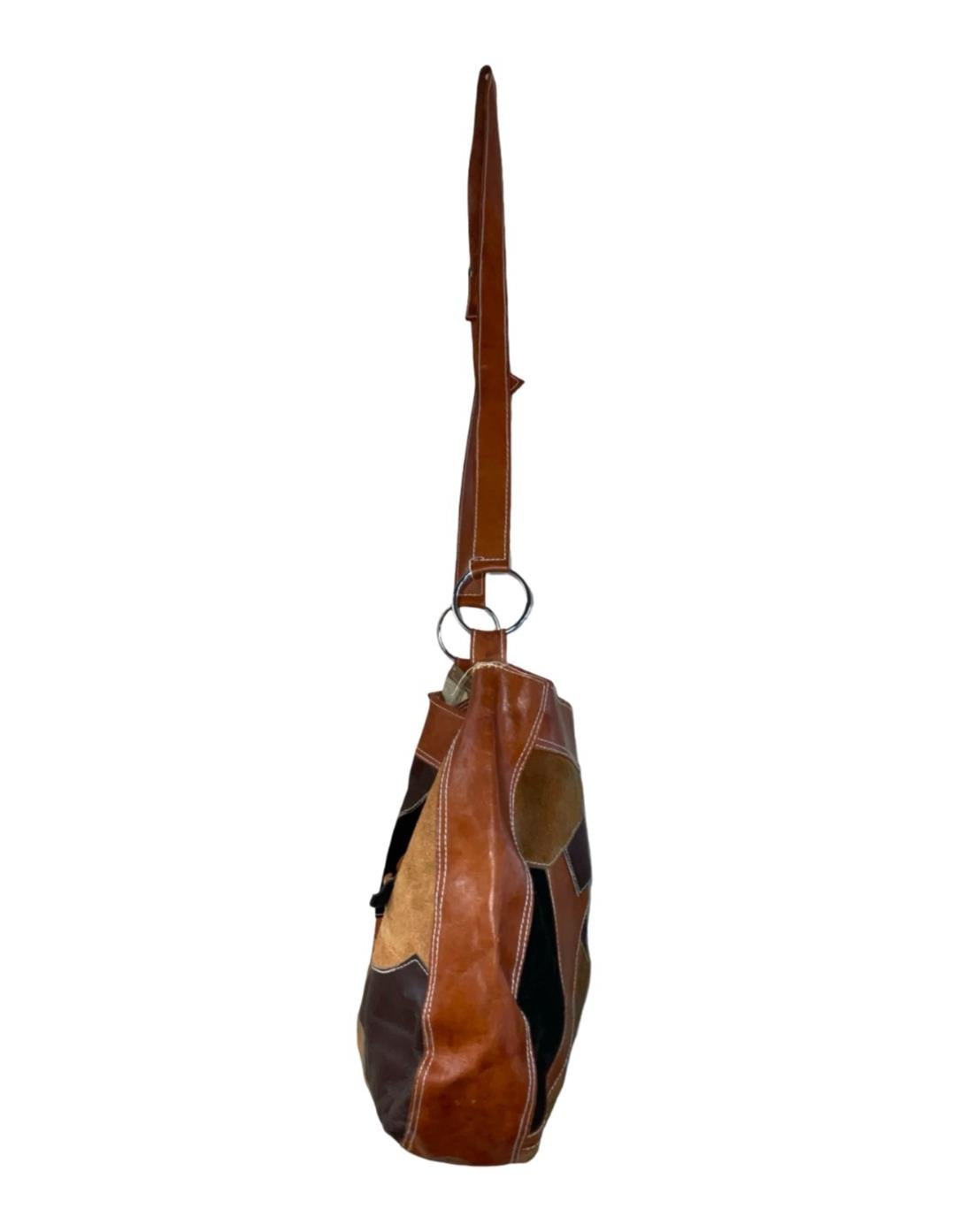 VTG 70S BROWN TAN BLACK SUEDE LEATHER PATCHWORK FLOWER CUBA CROSS BODY BAG