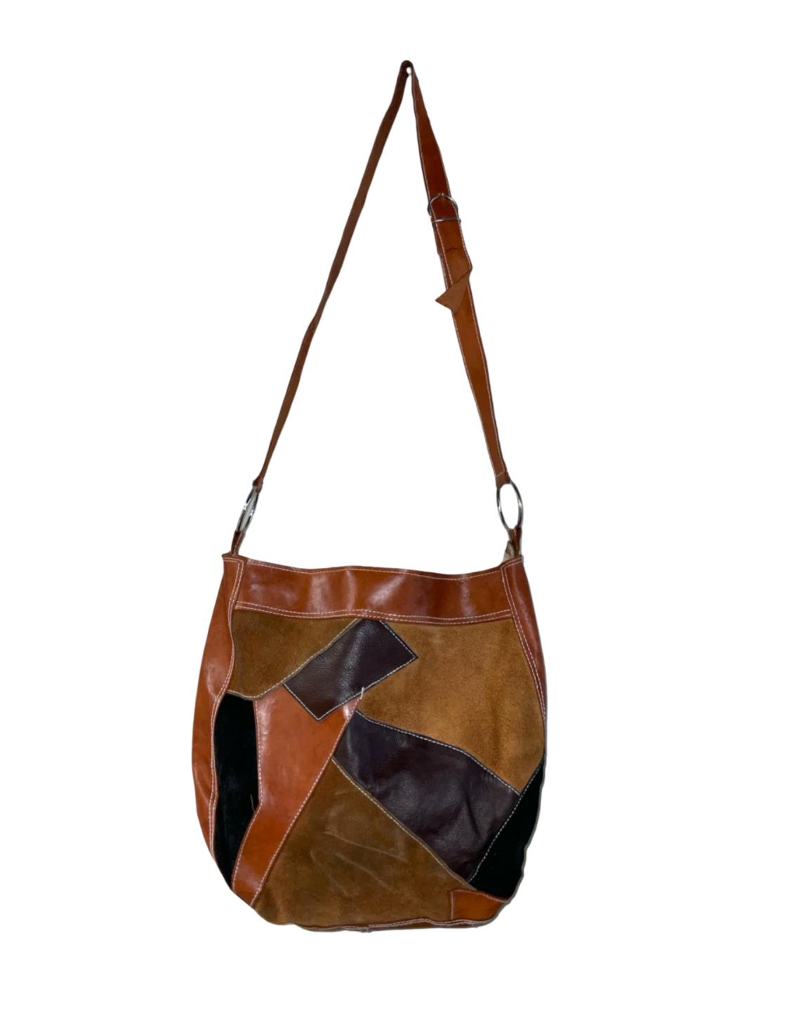 VTG 70S BROWN TAN BLACK SUEDE LEATHER PATCHWORK FLOWER CUBA CROSS BODY BAG