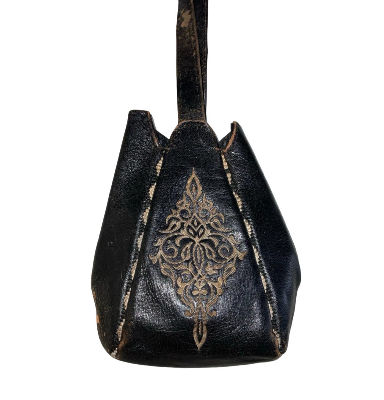 VTG 60S 70S BLACK LEATHER CRAM EMBROIDERY BOHO POUCH HAND BAG