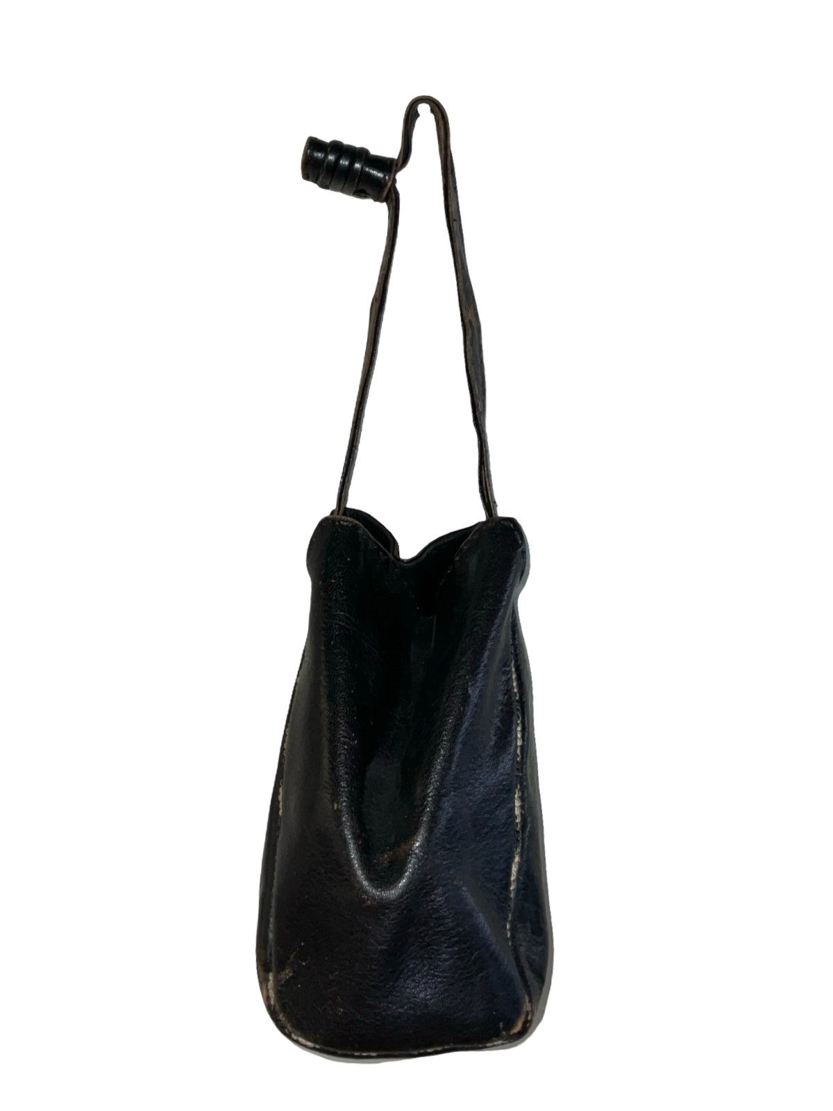 VTG 60S 70S BLACK LEATHER CRAM EMBROIDERY BOHO POUCH HAND BAG