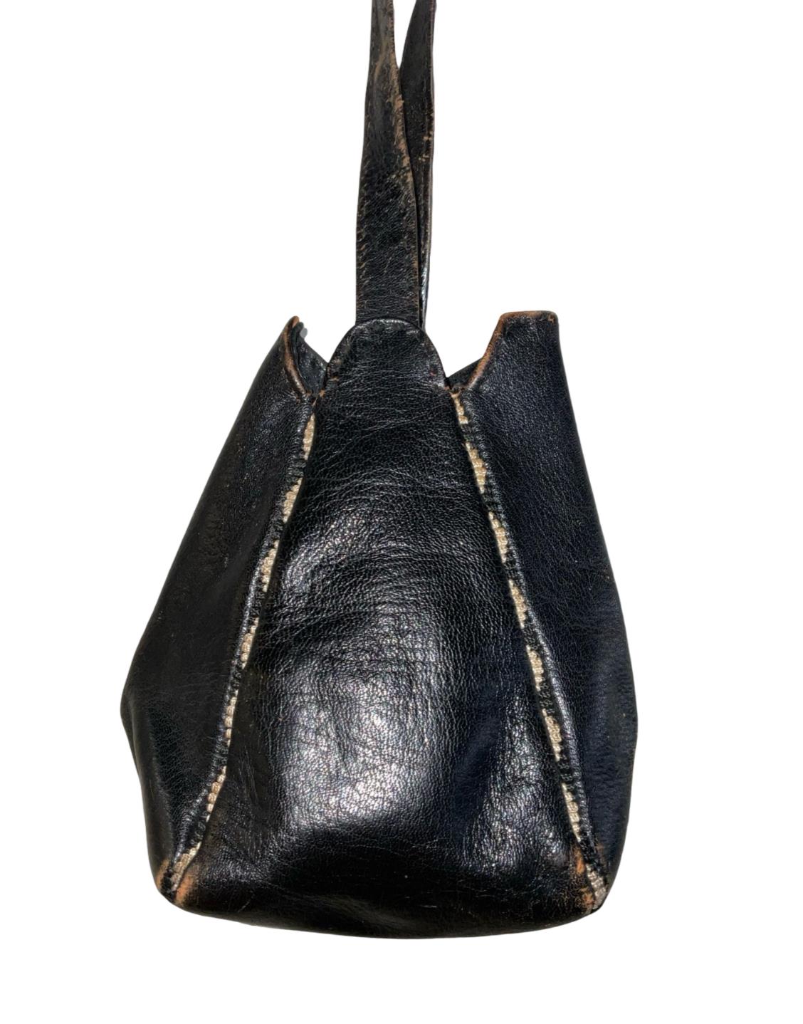 VTG 60S 70S BLACK LEATHER CRAM EMBROIDERY BOHO POUCH HAND BAG