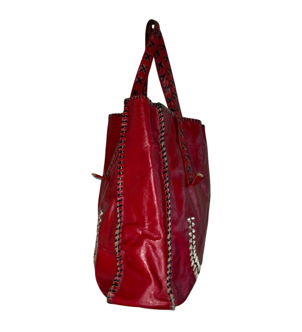 VTG 70S RED BLACK CREAM LEATHER STITCHED HIPPY BOHO SMILE HAND BAG