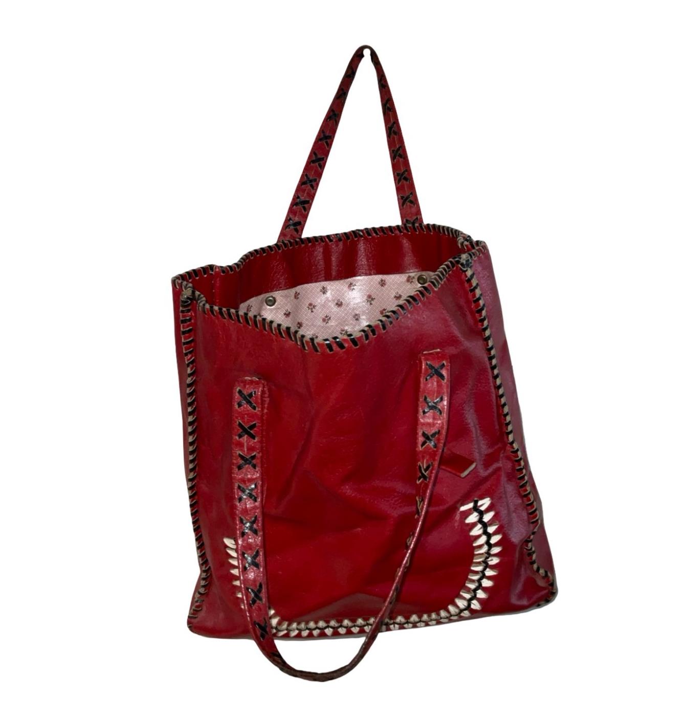 VTG 70S RED BLACK CREAM LEATHER STITCHED HIPPY BOHO SMILE HAND BAG