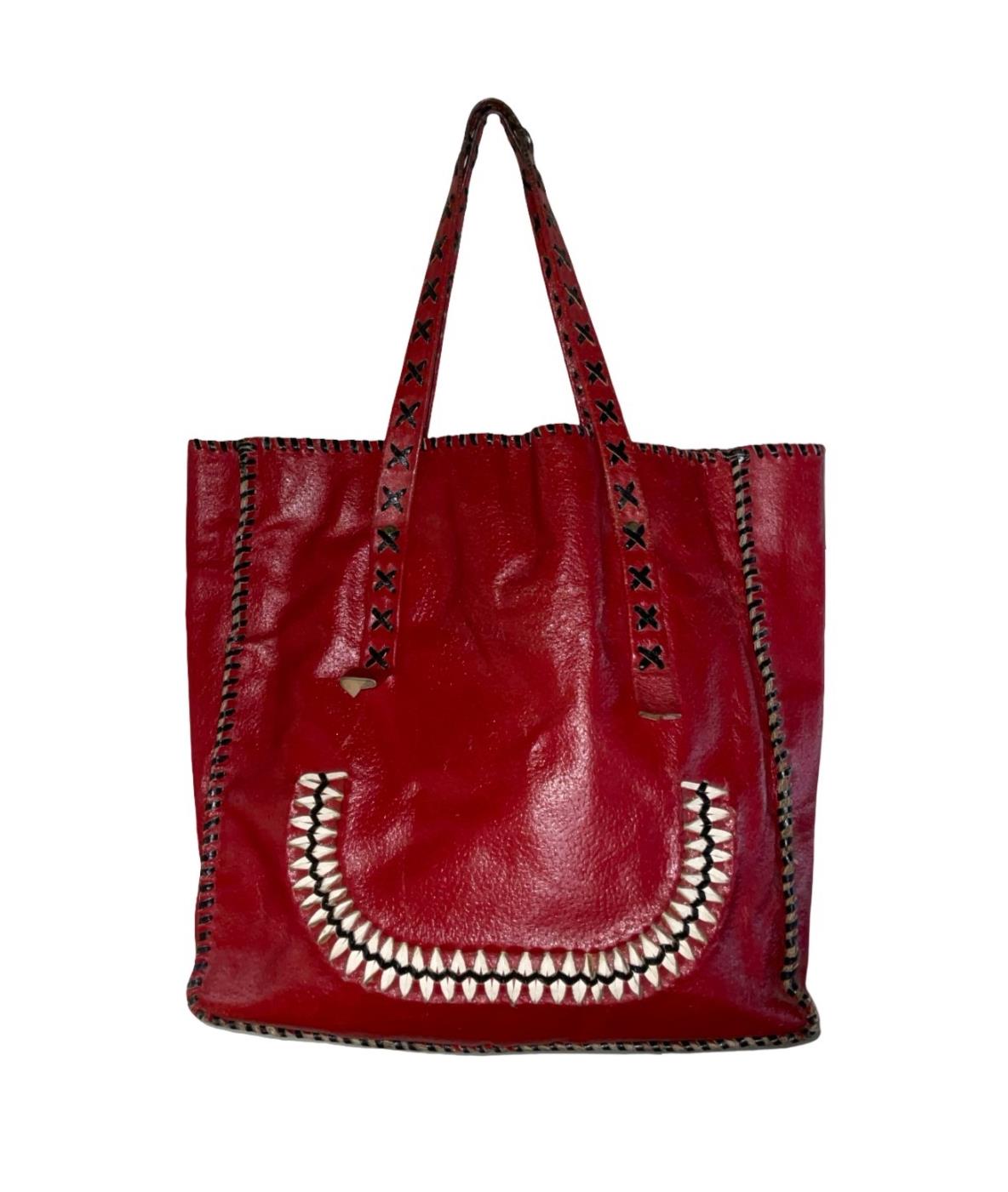 VTG 70S RED BLACK CREAM LEATHER STITCHED HIPPY BOHO SMILE HAND BAG