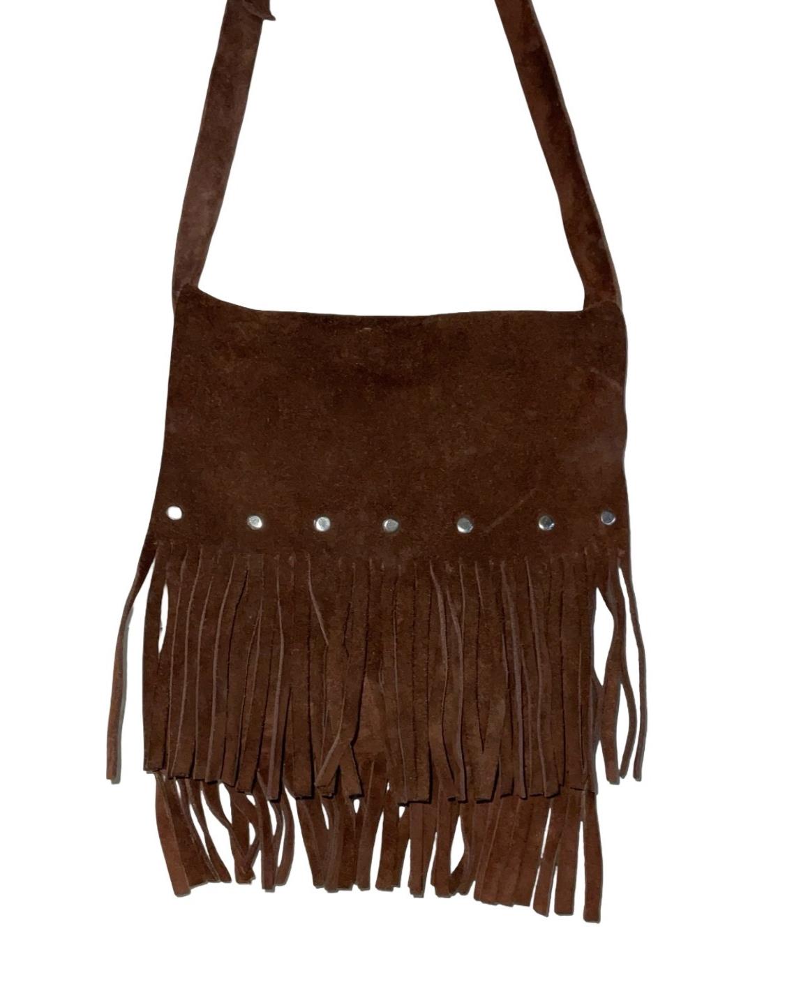 VTG 70S BROWN SUEDE WESTERN BOHO FRINGE SILVER STUDDED SHOULDER BAG