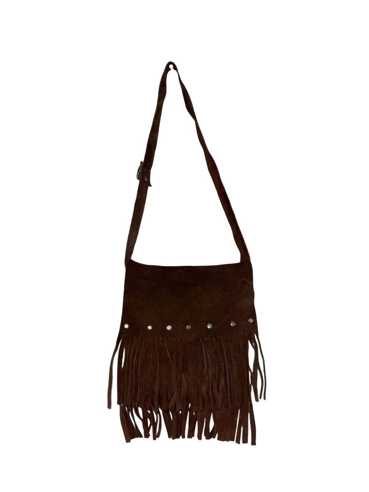 VTG 70S BROWN SUEDE WESTERN BOHO FRINGE SILVER STUDDED SHOULDER BAG