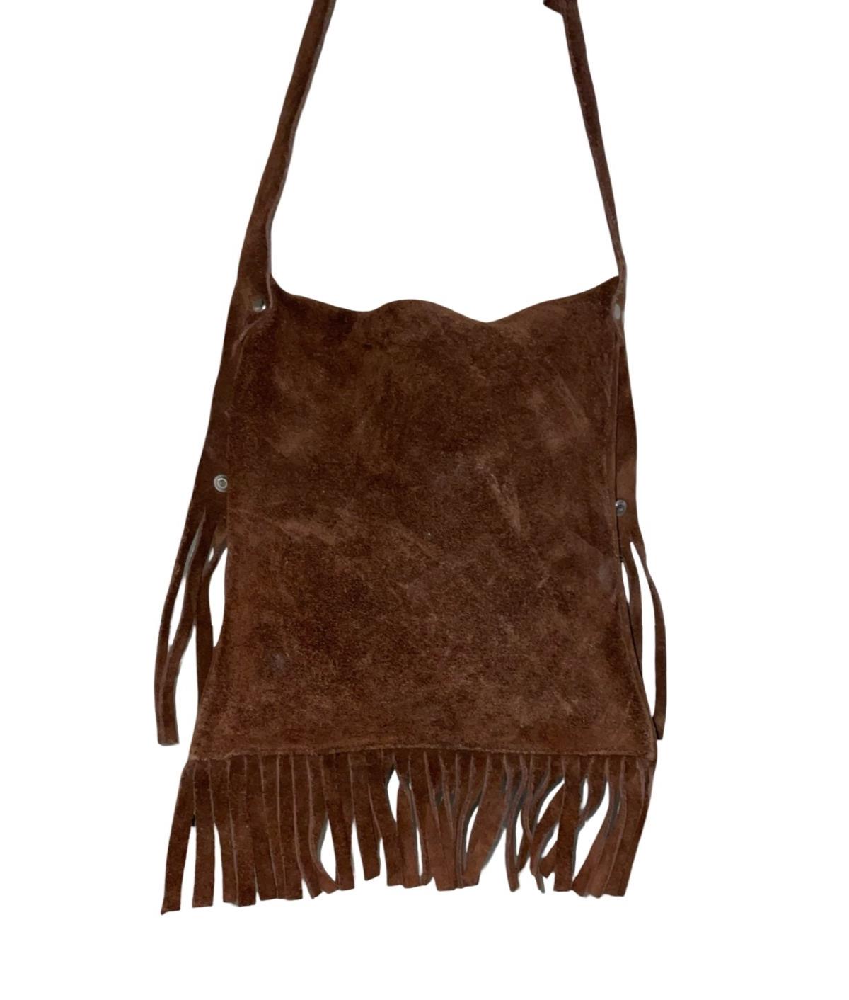 VTG 70S BROWN SUEDE WESTERN BOHO FRINGE SILVER STUDDED SHOULDER BAG