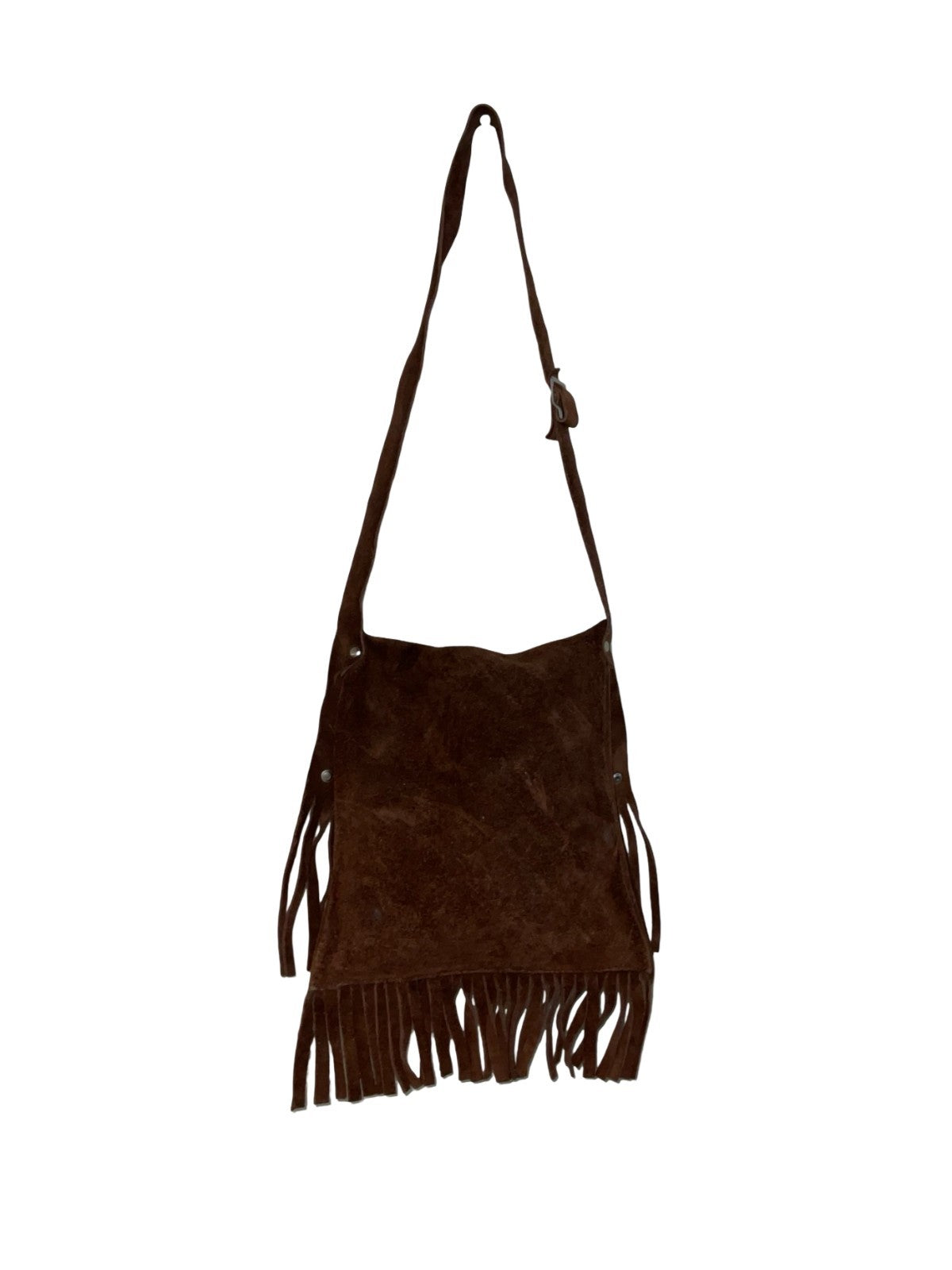 VTG 70S BROWN SUEDE WESTERN BOHO FRINGE SILVER STUDDED SHOULDER BAG