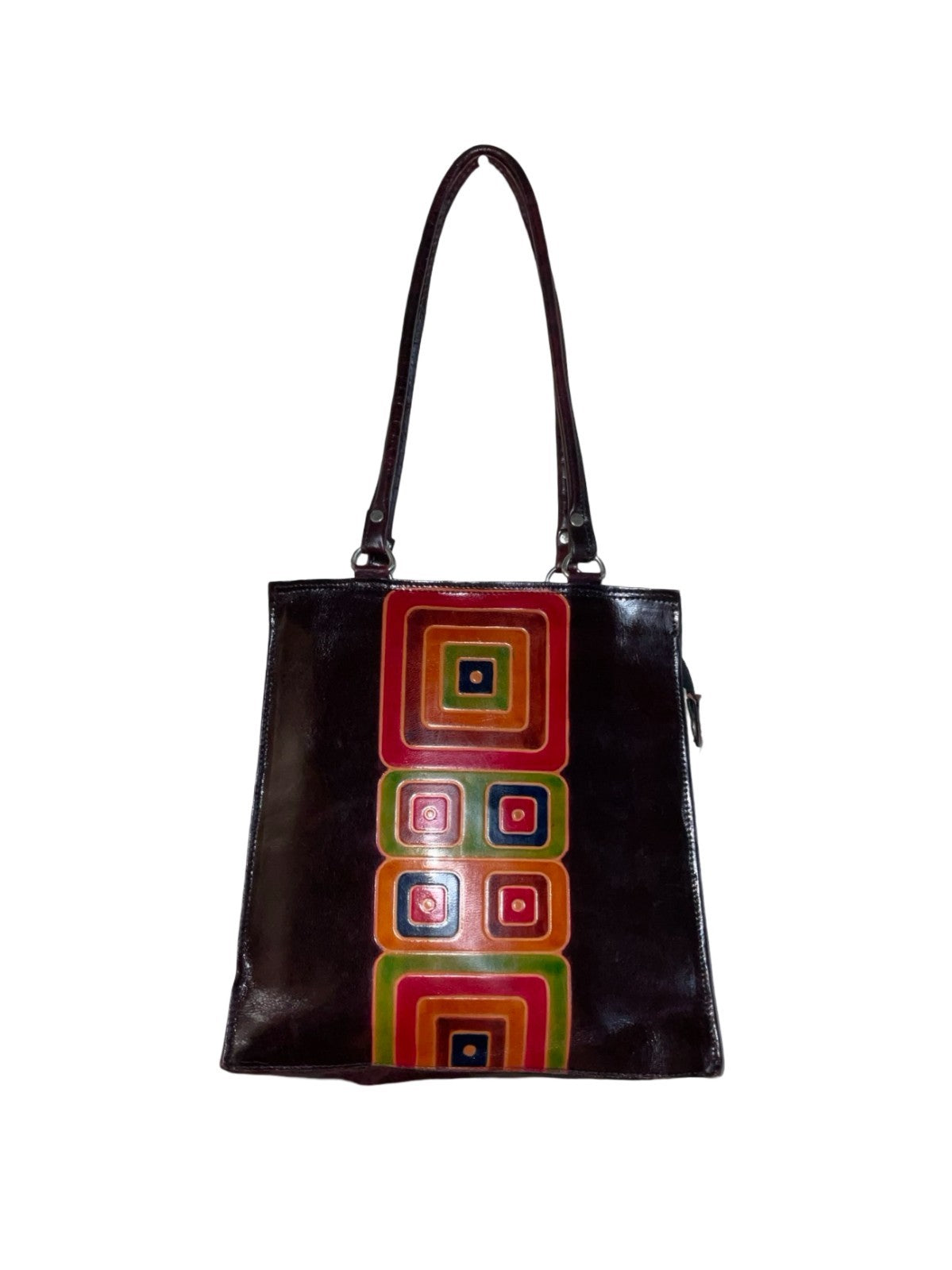 VTG 70S STYLE PURPLE RED GREEN MOD RETRO LEATHER SQUARE GEOMETRIC SHOULDER BAG