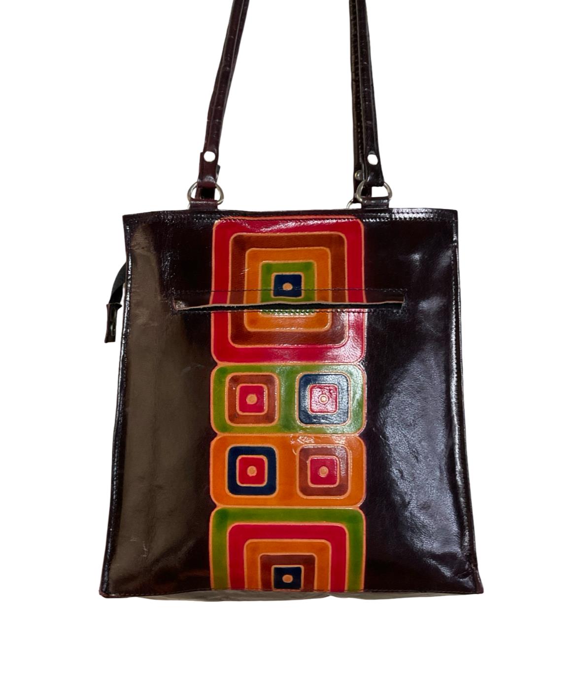 VTG 70S STYLE PURPLE RED GREEN MOD RETRO LEATHER SQUARE GEOMETRIC SHOULDER BAG