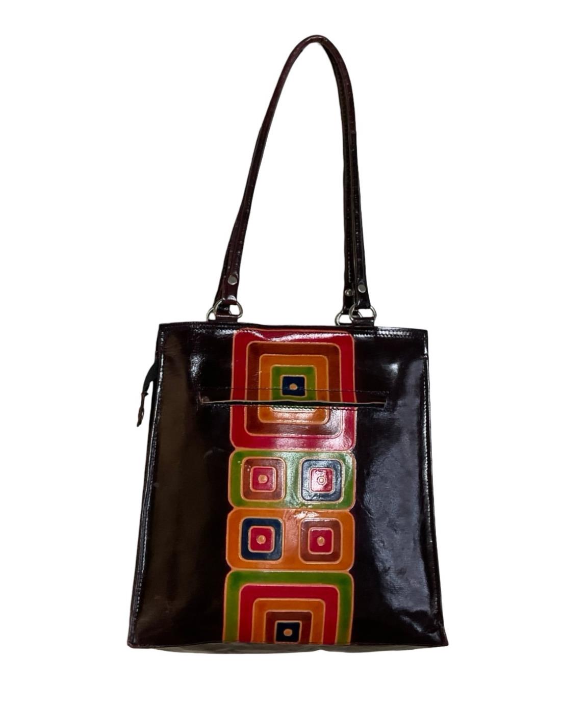 VTG 70S STYLE PURPLE RED GREEN MOD RETRO LEATHER SQUARE GEOMETRIC SHOULDER BAG