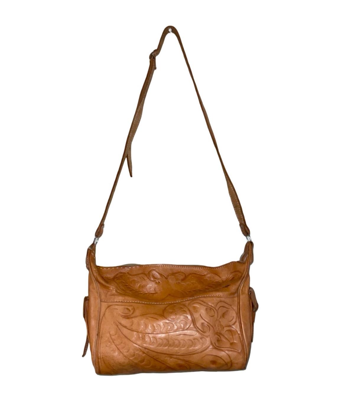 VTG 70S TAN BROWN LEATHER BOHO HIPPY PAISLEY PSYCHEDELIC CROSS BODY BAG