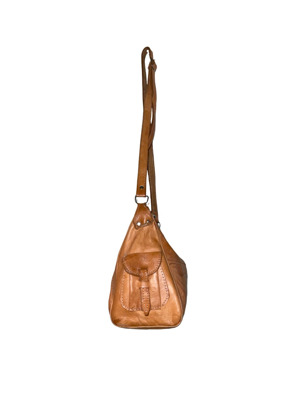 VTG 70S TAN BROWN LEATHER BOHO HIPPY PAISLEY PSYCHEDELIC CROSS BODY BAG