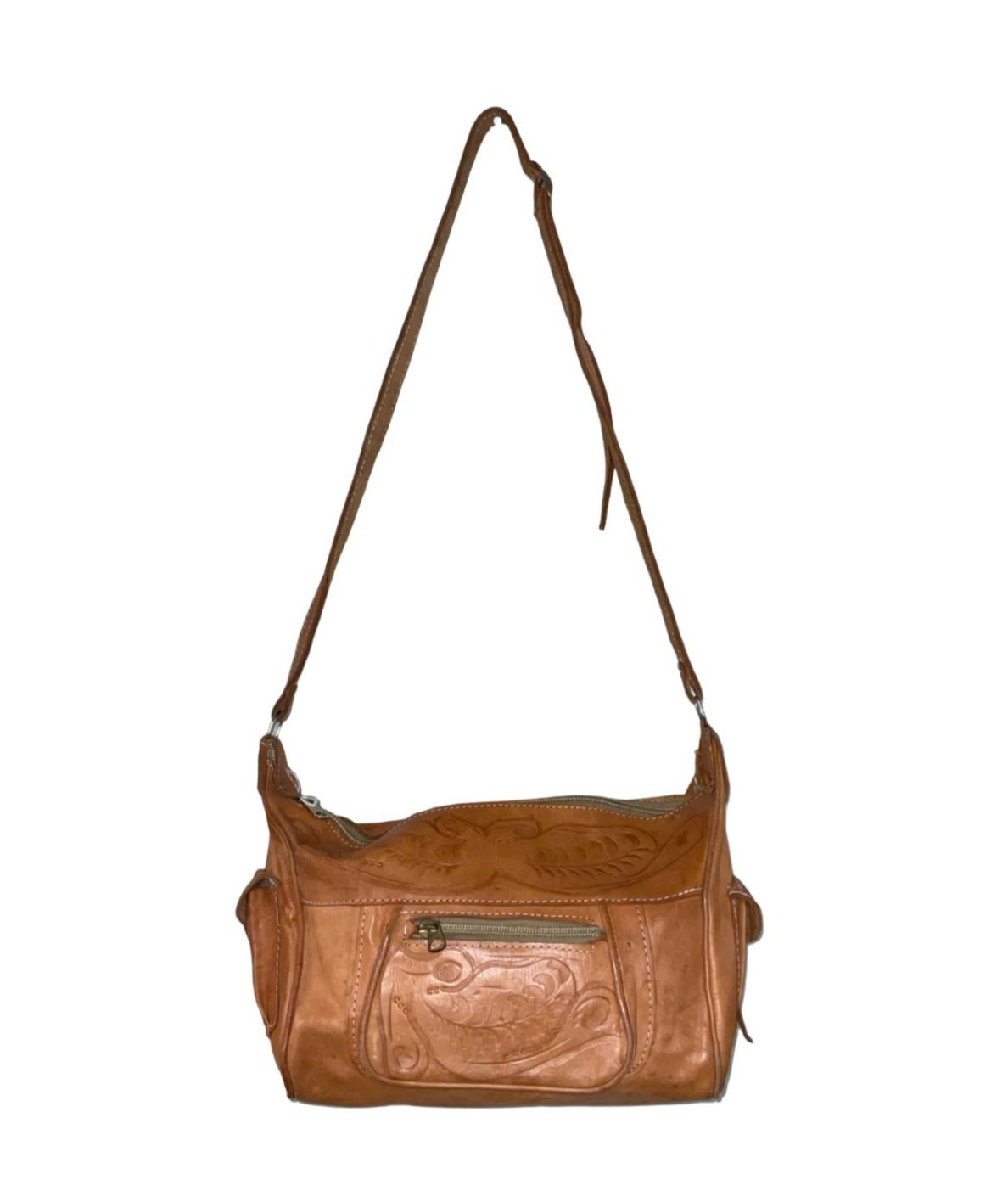 VTG 70S TAN BROWN LEATHER BOHO HIPPY PAISLEY PSYCHEDELIC CROSS BODY BAG