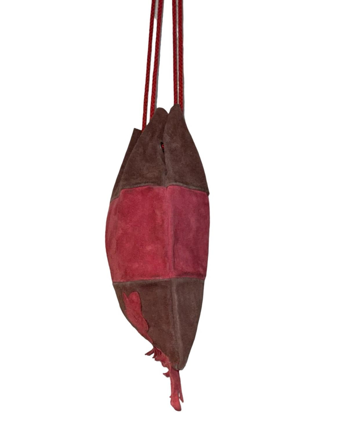 VTG 60S 70S BROWN RED FLORAL FRINGE BOHO HIPPY SUEDE DRAWSTRING HAND BAG