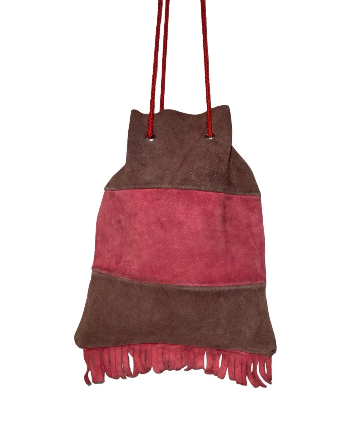 VTG 60S 70S BROWN RED FLORAL FRINGE BOHO HIPPY SUEDE DRAWSTRING HAND BAG