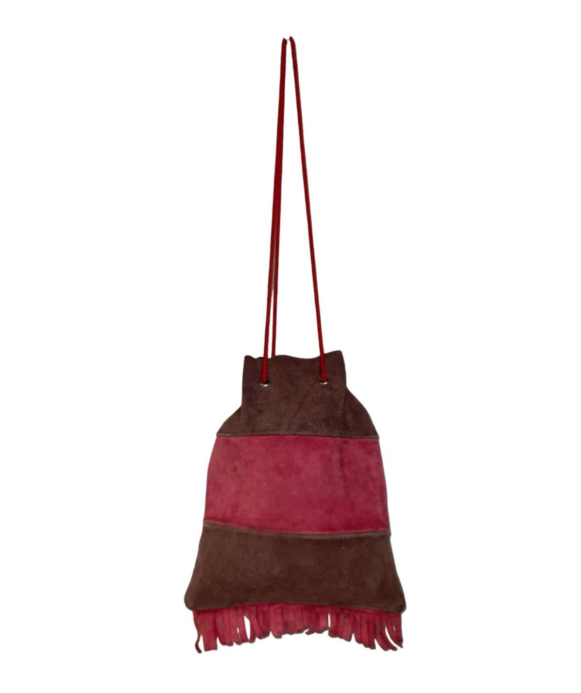 VTG 60S 70S BROWN RED FLORAL FRINGE BOHO HIPPY SUEDE DRAWSTRING HAND BAG