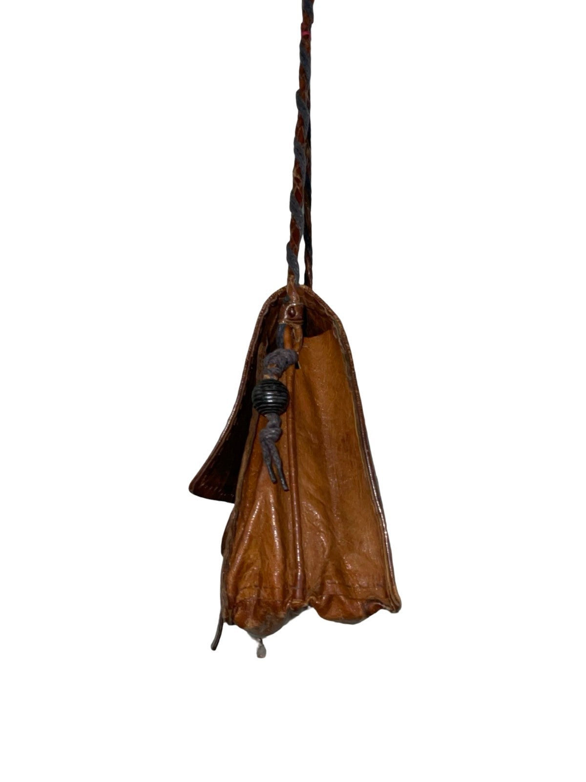 VTG 70S BROWN BLACK GEOMETRIC TRIANGLE BOHO HIPPY LEATHER CROSS BODY BAG
