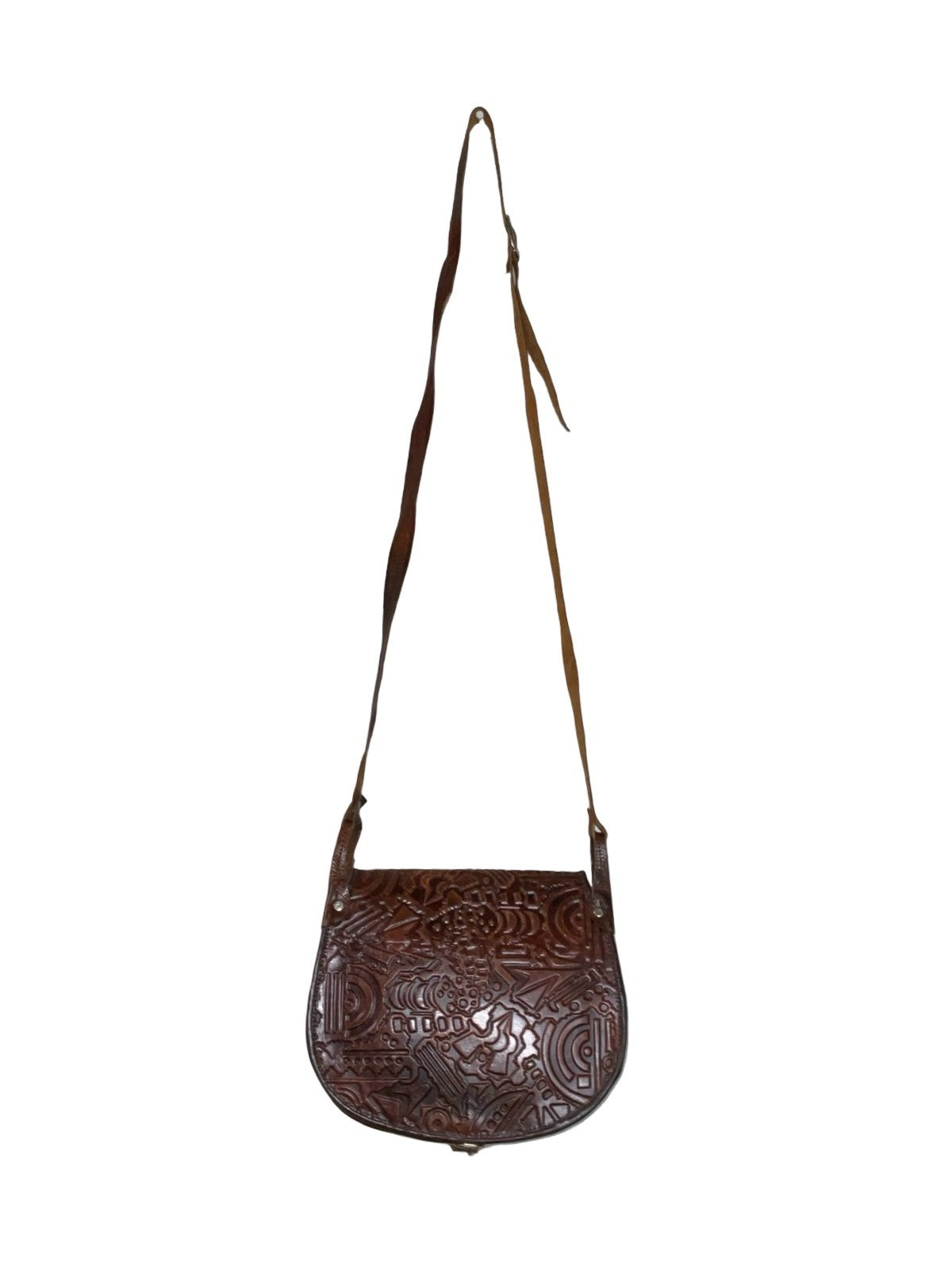 VTG 60S 70S MOD BOHO BROWN LEATHER GEOMETRIC EMBOSSED CROSS BODY BAG