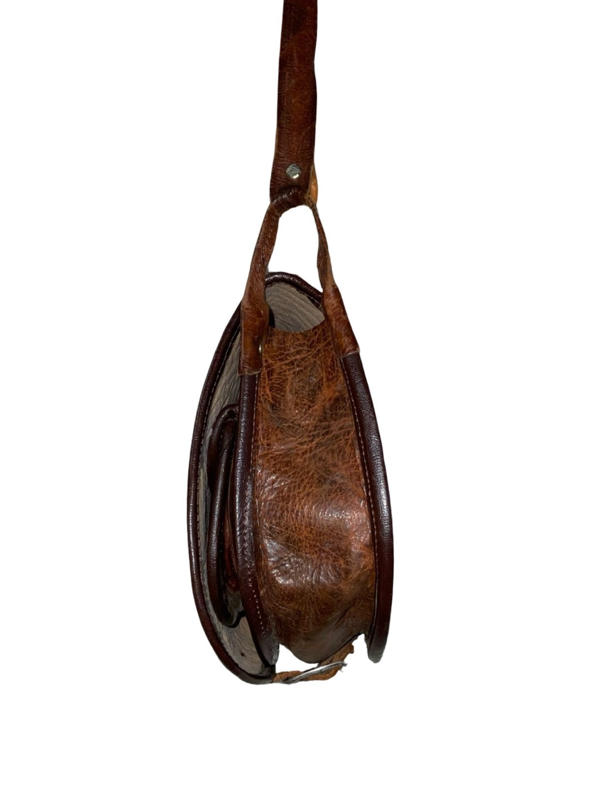 VTG 60S 70S MOD BOHO BROWN LEATHER GEOMETRIC EMBOSSED CROSS BODY BAG