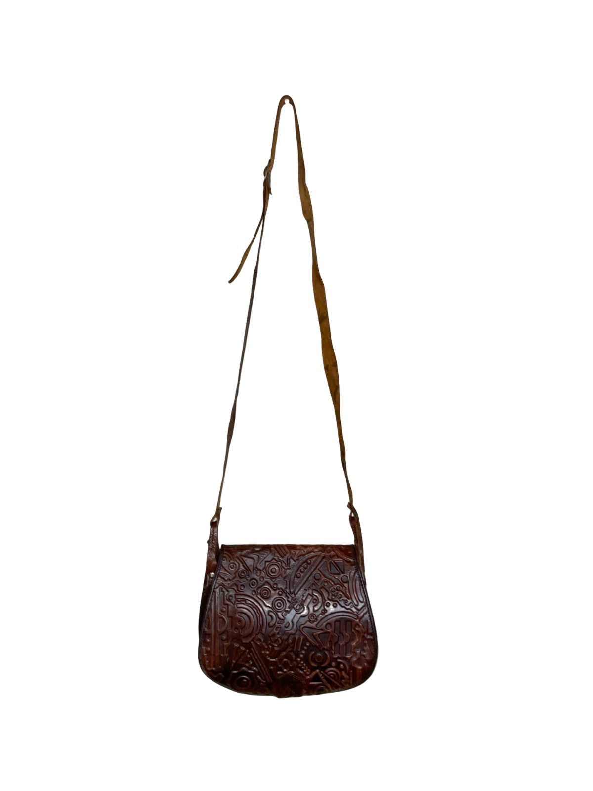 VTG 60S 70S MOD BOHO BROWN LEATHER GEOMETRIC EMBOSSED CROSS BODY BAG