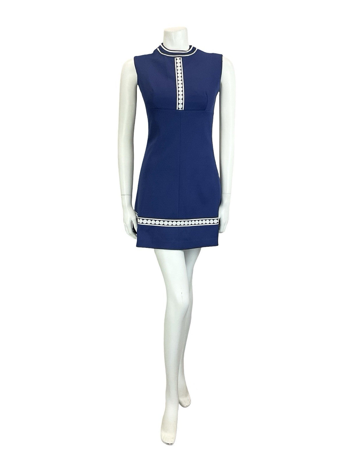 VTG 60S MOD SCOOTER GOGO GEOMETRIC NAVY BLUE WHITE DOT EMPIRE MINI DRESS 6