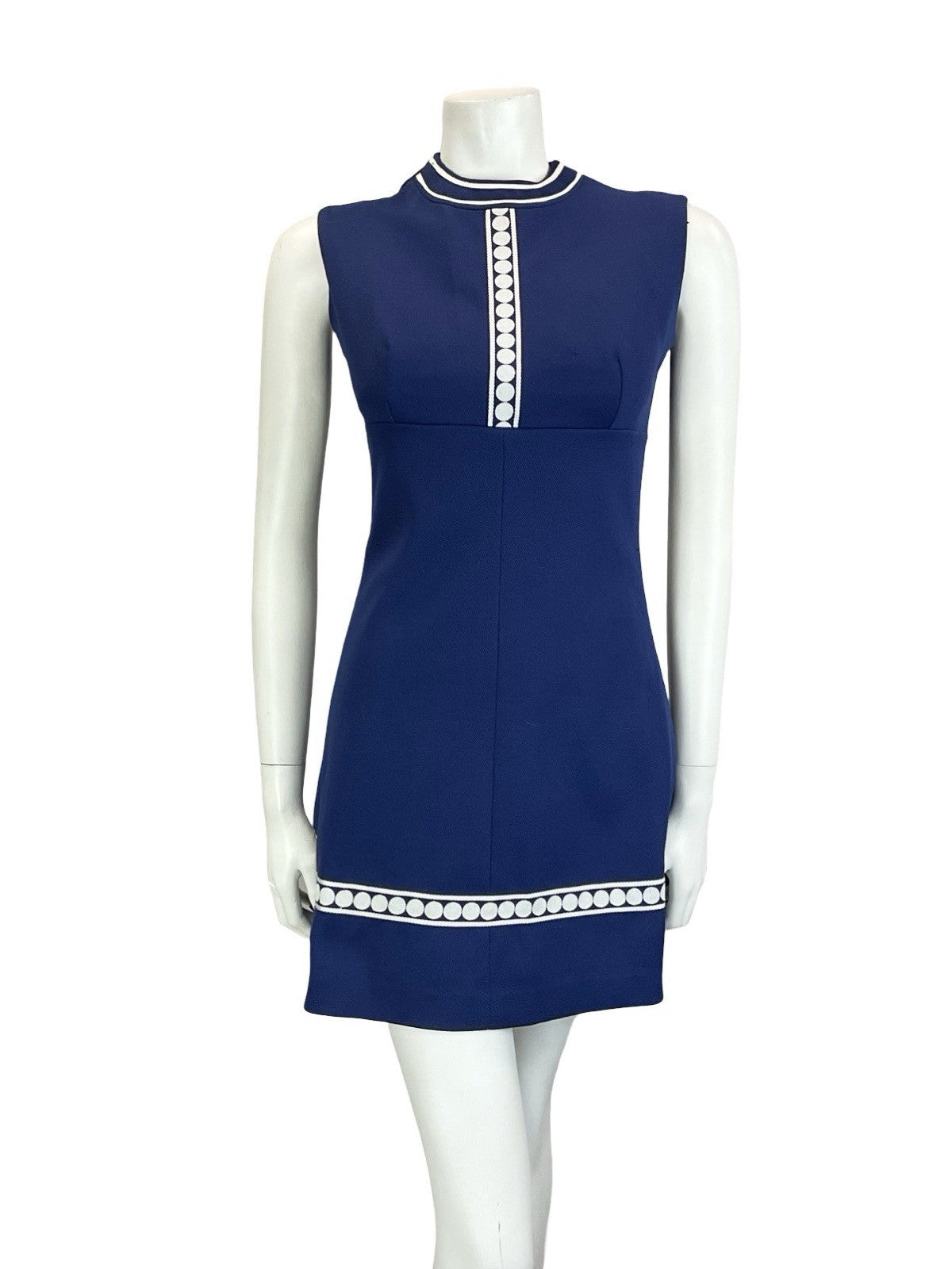 VTG 60S MOD SCOOTER GOGO GEOMETRIC NAVY BLUE WHITE DOT EMPIRE MINI DRESS 6