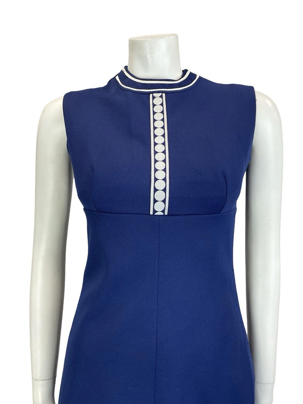 VTG 60S MOD SCOOTER GOGO GEOMETRIC NAVY BLUE WHITE DOT EMPIRE MINI DRESS 6