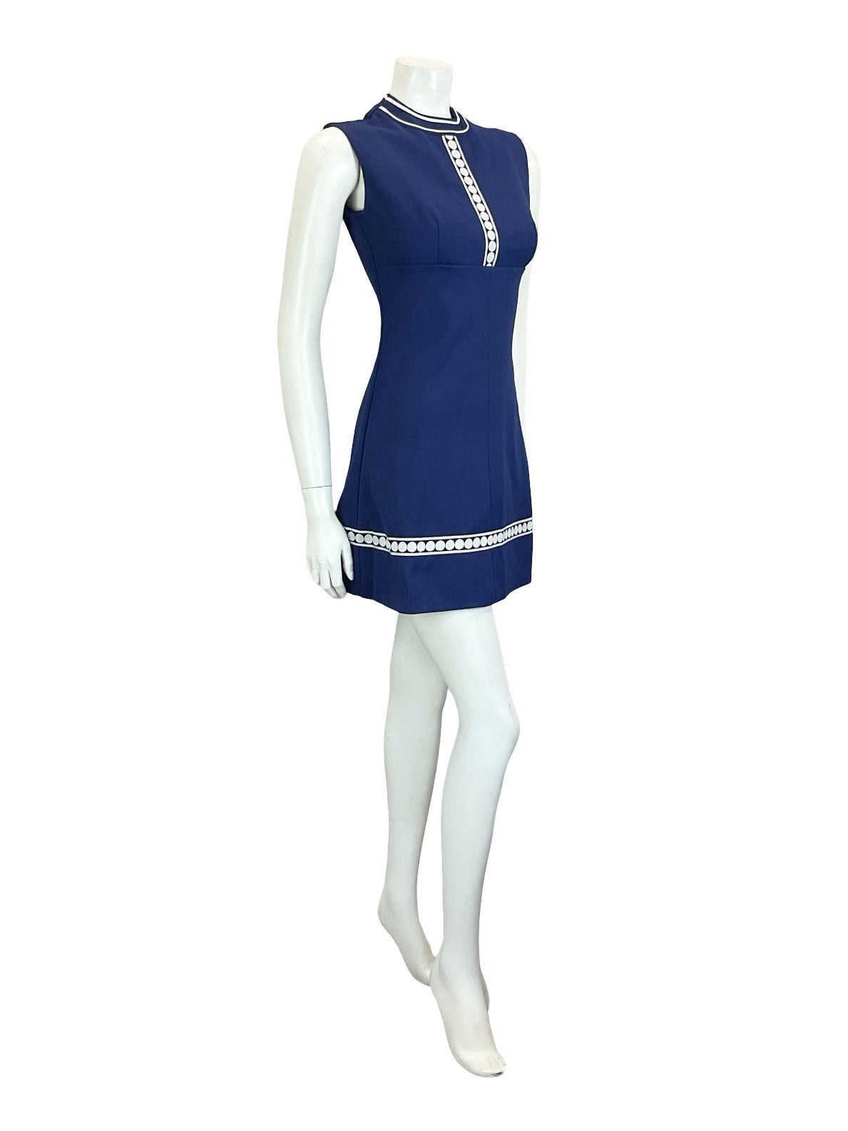VTG 60S MOD SCOOTER GOGO GEOMETRIC NAVY BLUE WHITE DOT EMPIRE MINI DRESS 6
