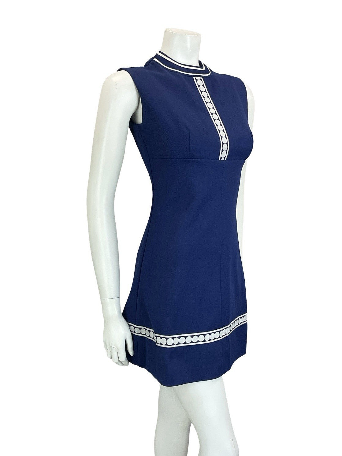 VTG 60S MOD SCOOTER GOGO GEOMETRIC NAVY BLUE WHITE DOT EMPIRE MINI DRESS 6