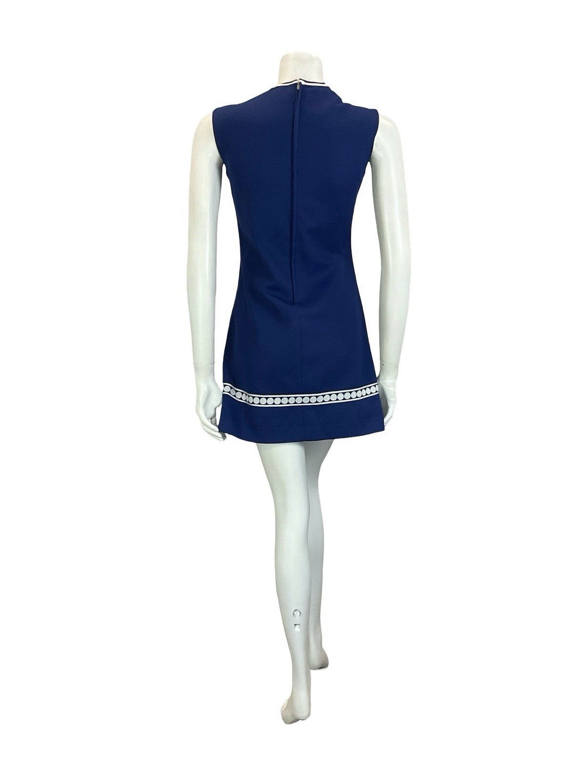 VTG 60S MOD SCOOTER GOGO GEOMETRIC NAVY BLUE WHITE DOT EMPIRE MINI DRESS 6